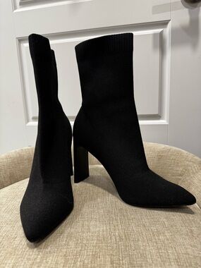 Call It Spring: Vegan- Black Stretch Sock Ankle Booties with Block Heel